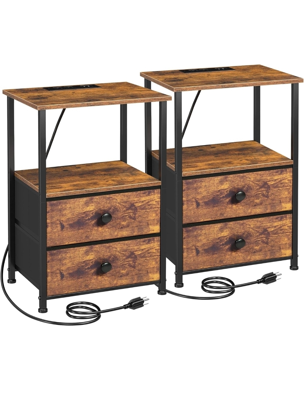 Rustic Brown Nightstand with Drawers and USB Charging (Set of 2)